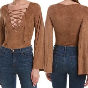 Show Me Your Mumu Lace Up Faux Suede Bodysuit